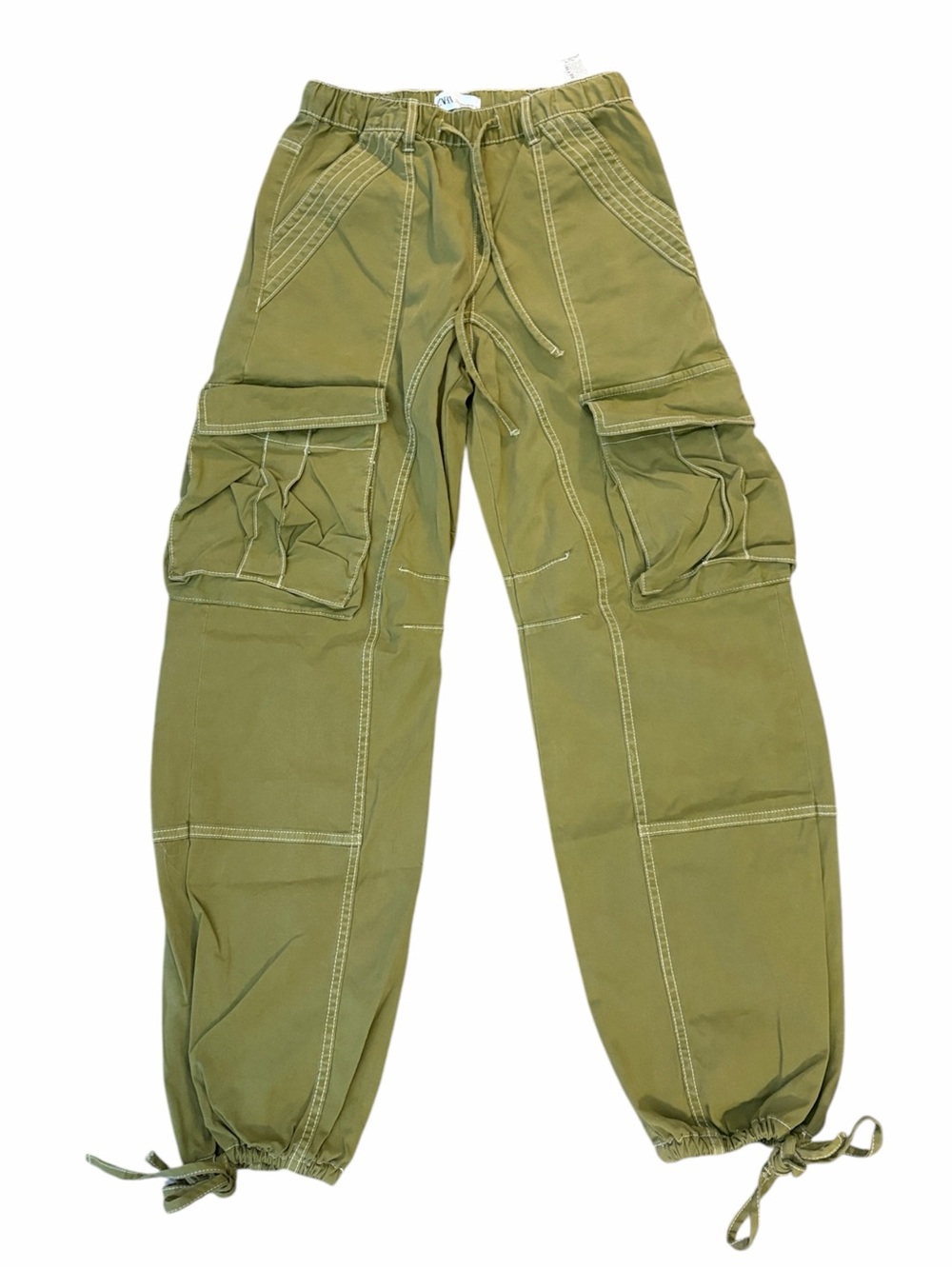 Zara Parachute Olive Green Grunge Cargo Barrel Jogger Pants Size 0 Paratrooper